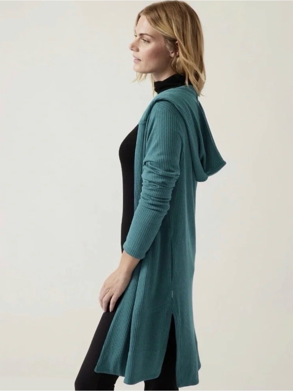 Athleta Teal harmony pose cardigan wrap Ribbed Hooded Long Cardigan
